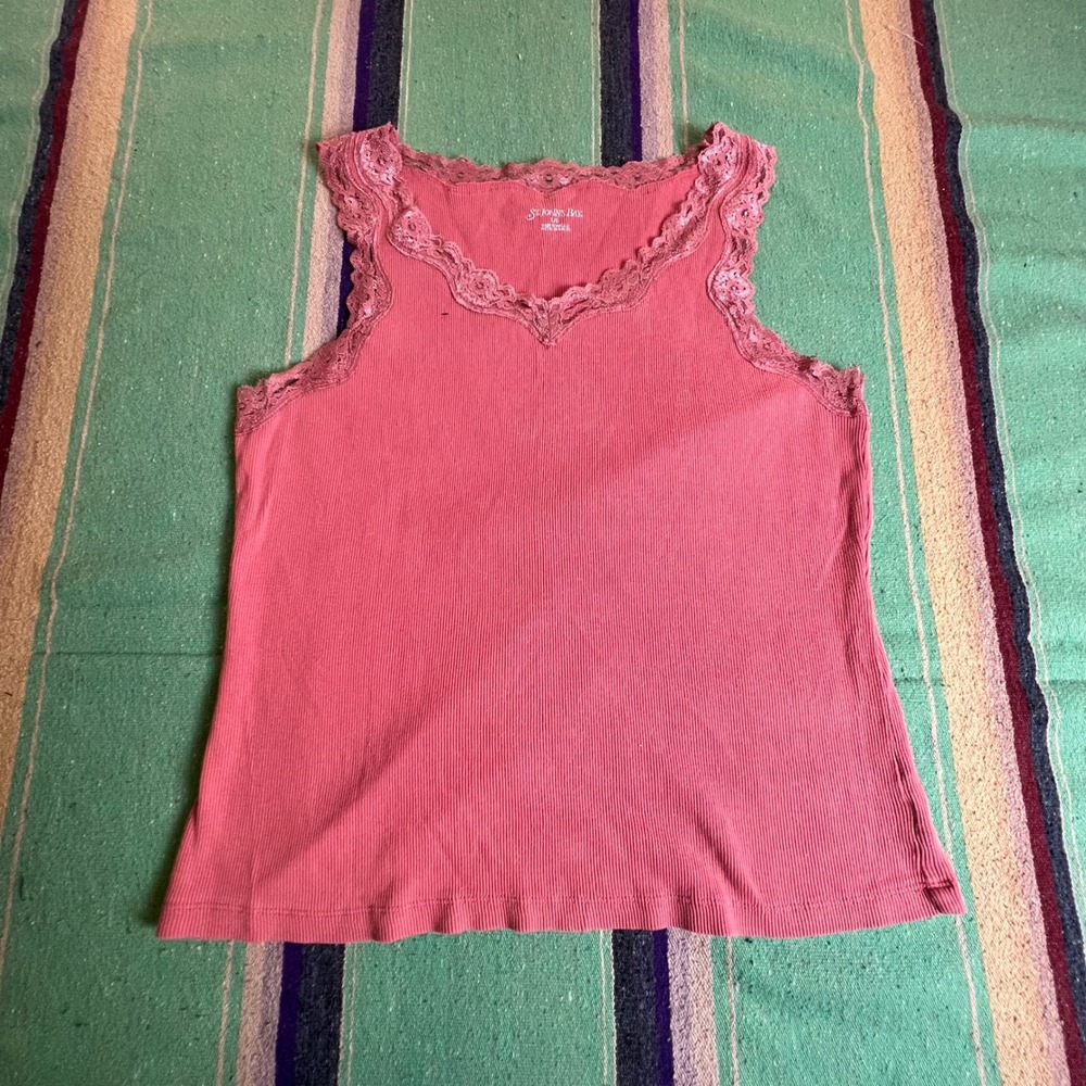 St. Johns Bay Tank Top Womens Large Pink Lace Trim Ribbed Cotton Sleeveless
